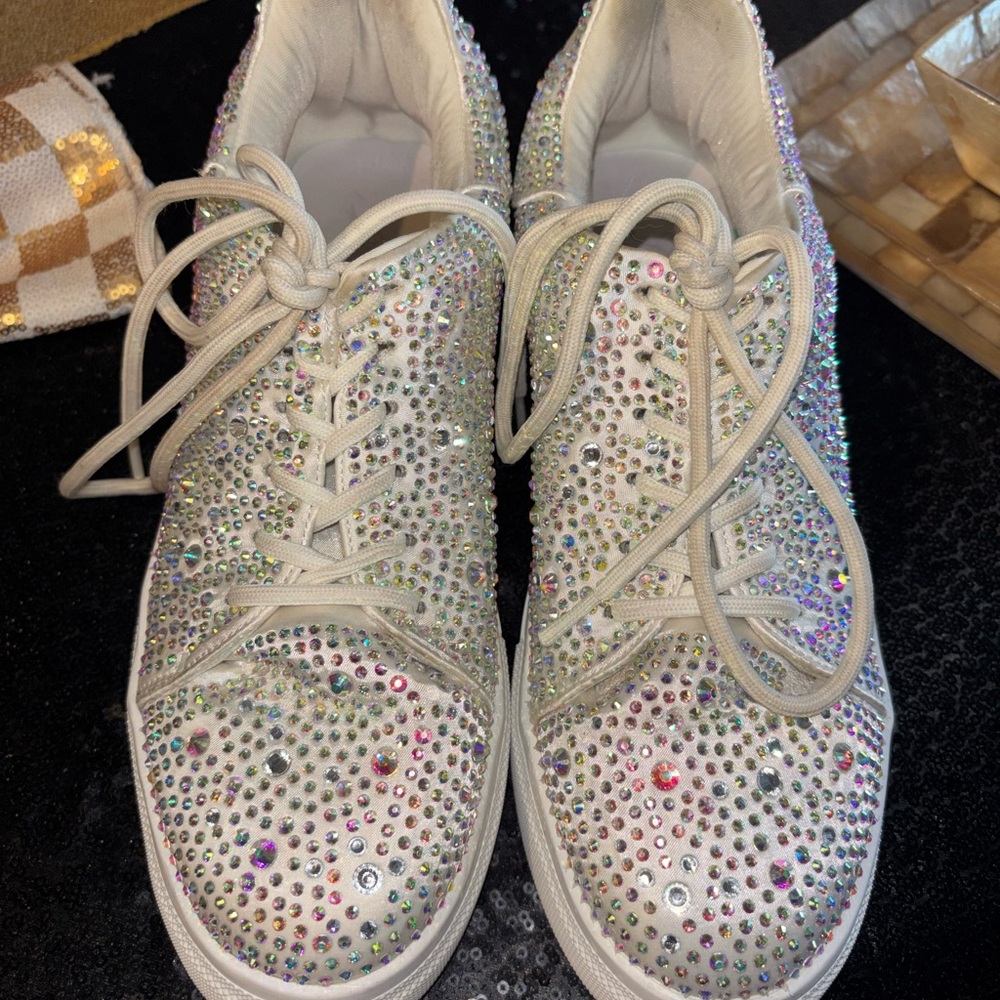 AKIRA Women’s White Crystal Embellished Lace-Up Sneakers